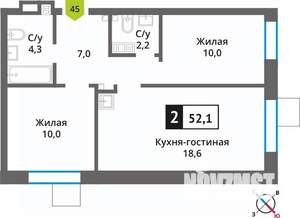 2-к квартира, вторичка, 52м2, 7/9 этаж