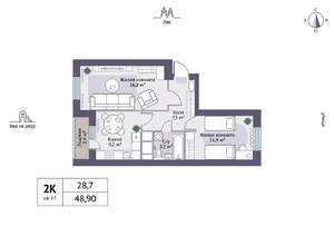 2-к квартира, строящийся дом, 51м2, 3/5 этаж