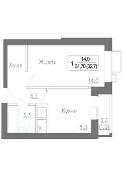 1-к квартира, строящийся дом, 33м2, 1/5 этаж