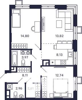 2-к квартира, строящийся дом, 67м2, 7/28 этаж