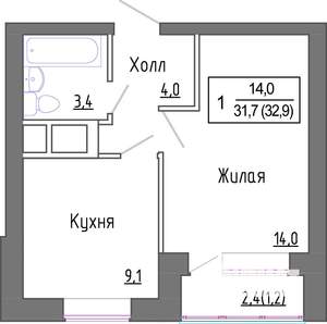 1-к квартира, строящийся дом, 32м2, 4/5 этаж