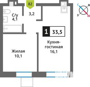 1-к квартира, вторичка, 34м2, 3/9 этаж