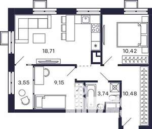 2-к квартира, вторичка, 56м2, 22/28 этаж