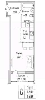 Студия квартира, вторичка, 35м2, 8/9 этаж