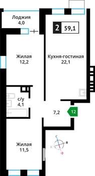 2-к квартира, вторичка, 59м2, 5/6 этаж