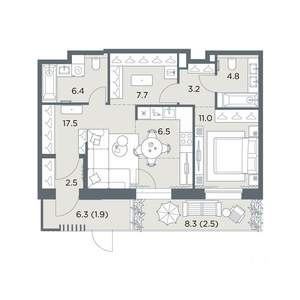 2-к квартира, вторичка, 64м2, 1/6 этаж