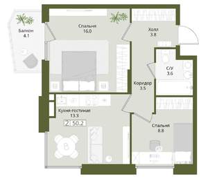 2-к квартира, вторичка, 50м2, 2/8 этаж