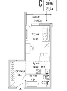 Студия квартира, вторичка, 31м2, 2/9 этаж