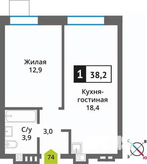 1-к квартира, вторичка, 38м2, 3/9 этаж