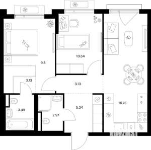 2-к квартира, вторичка, 57м2, 6/9 этаж