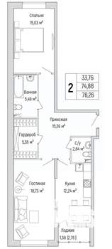 2-к квартира, вторичка, 76м2, 1/9 этаж
