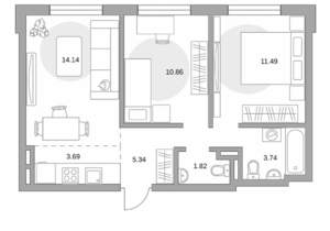 3-к квартира, строящийся дом, 51м2, 2/6 этаж