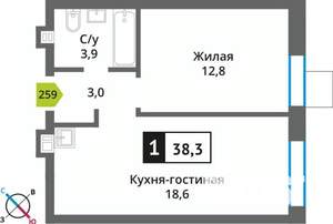 1-к квартира, строящийся дом, 38м2, 8/9 этаж