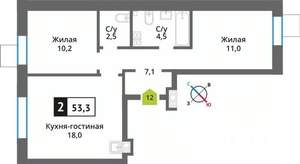 2-к квартира, вторичка, 53м2, 3/9 этаж
