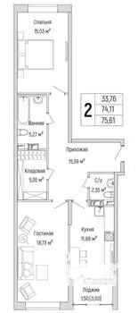 2-к квартира, вторичка, 76м2, 8/10 этаж