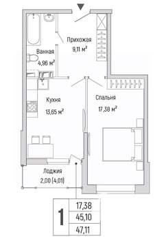 1-к квартира, вторичка, 47м2, 7/10 этаж