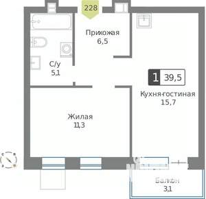 1-к квартира, строящийся дом, 40м2, 9/9 этаж