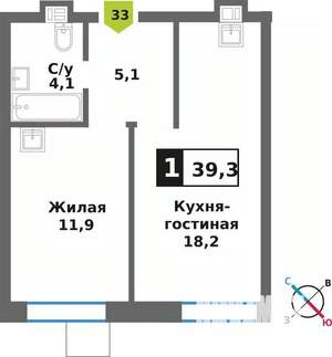 1-к квартира, вторичка, 39м2, 7/9 этаж