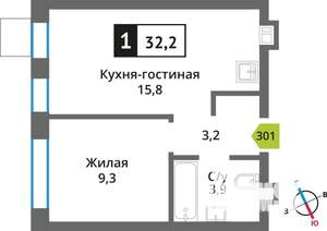 1-к квартира, вторичка, 32м2, 9/9 этаж