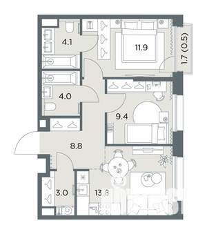 2-к квартира, вторичка, 56м2, 5/6 этаж