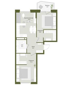 2-к квартира, вторичка, 61м2, 5/8 этаж