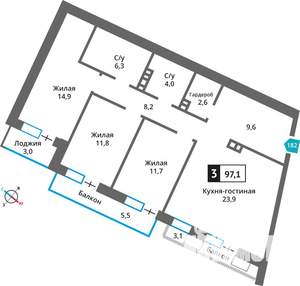 3-к квартира, строящийся дом, 97м2, 3/6 этаж