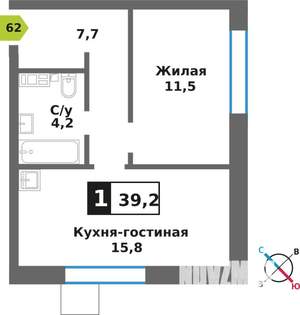 1-к квартира, вторичка, 39м2, 4/9 этаж
