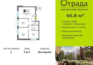 3-к квартира, вторичка, 67м2, 9/9 этаж