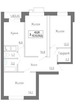 3-к квартира, строящийся дом, 75м2, 2/5 этаж