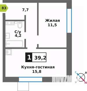 1-к квартира, вторичка, 39м2, 7/9 этаж