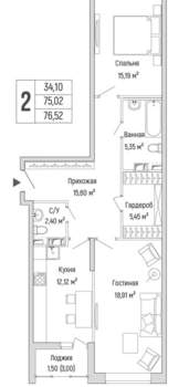 2-к квартира, вторичка, 77м2, 5/9 этаж