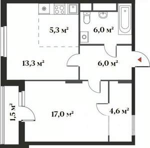 2-к квартира, вторичка, 55м2, 1/6 этаж