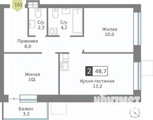 2-к квартира, строящийся дом, 49м2, 9/9 этаж