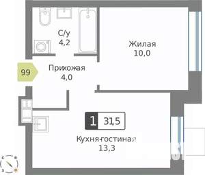 1-к квартира, строящийся дом, 32м2, 9/9 этаж
