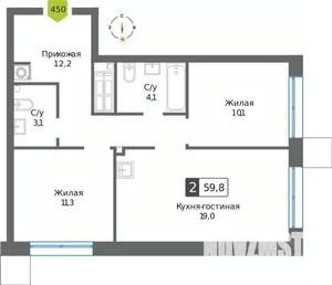 2-к квартира, вторичка, 60м2, 8/32 этаж