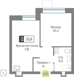 1-к квартира, строящийся дом, 32м2, 9/9 этаж