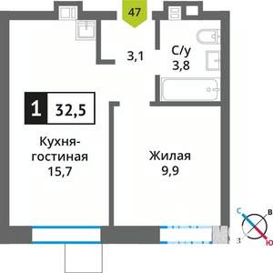 1-к квартира, строящийся дом, 33м2, 7/9 этаж