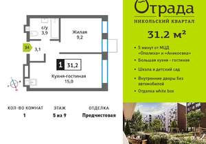 1-к квартира, вторичка, 31м2, 5/9 этаж