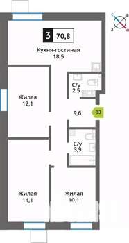 3-к квартира, вторичка, 71м2, 3/9 этаж