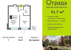 1-к квартира, вторичка, 32м2, 9/9 этаж