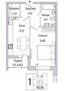 1-к квартира, вторичка, 41м2, 6/9 этаж