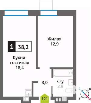 1-к квартира, строящийся дом, 38м2, 9/9 этаж