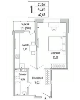 1-к квартира, вторичка, 47м2, 3/9 этаж