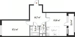 2-к квартира, вторичка, 55м2, 1/6 этаж