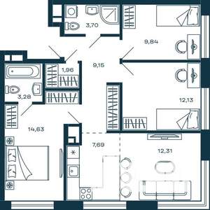 3-к квартира, строящийся дом, 75м2, 9/25 этаж