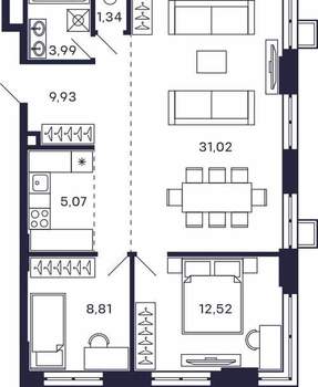 2-к квартира, сданный дом, 73м2, 2/28 этаж
