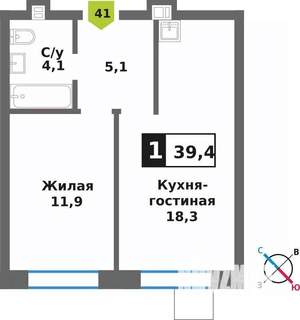 1-к квартира, вторичка, 39м2, 9/9 этаж