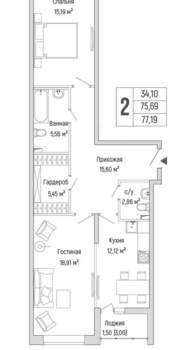 2-к квартира, вторичка, 77м2, 1/9 этаж