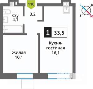 1-к квартира, вторичка, 34м2, 7/9 этаж