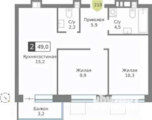 2-к квартира, строящийся дом, 49м2, 8/9 этаж